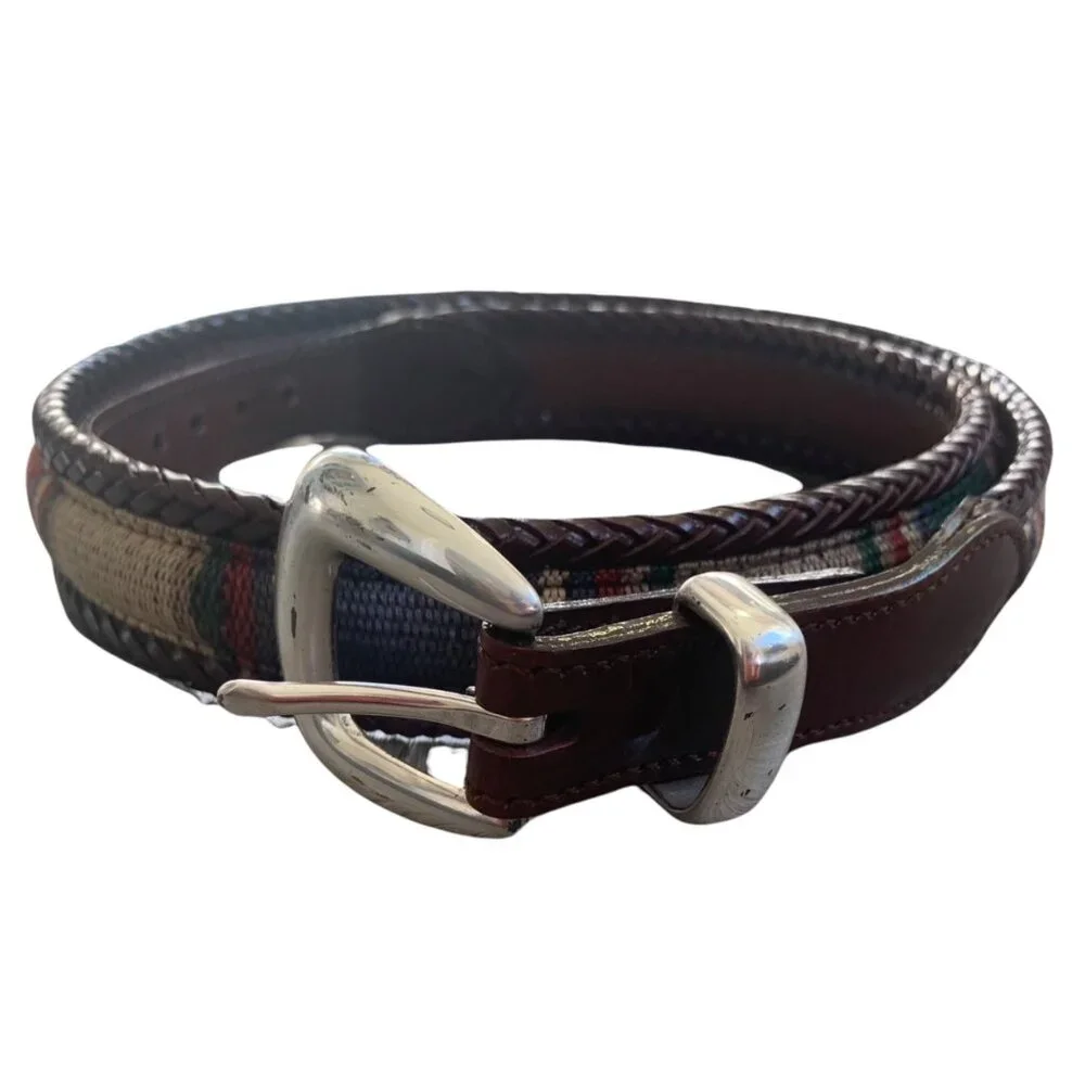 Vintage Boho Southwestern Woven Silver Buckle Belt 38